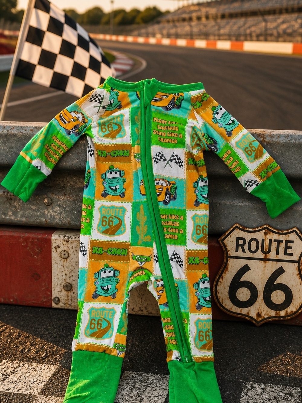 NWOT Green Cars Inspired Kids One-Piece Bamboo Pajamas